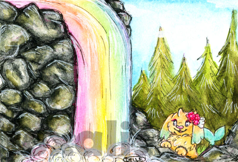A watercolor painting of a rocky waterfall with rainbow water. A mermaid dog watches in delight.