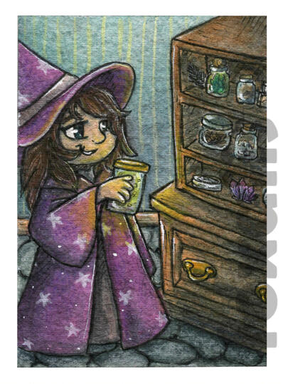 A painting of a wizard girl holding a glowing jar next to a shelf covered in various items.
