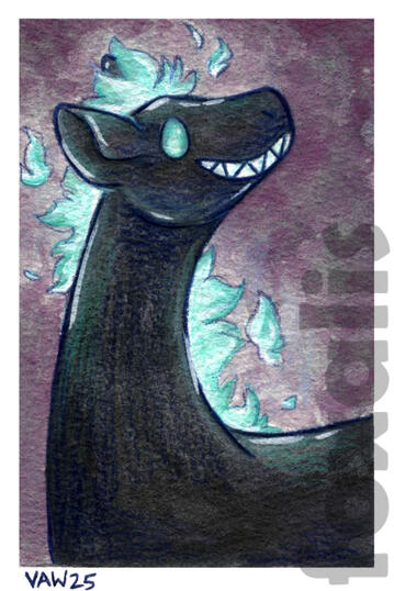 A watercolor painting of a spooky giraffle-like creature with glowing flame hair.