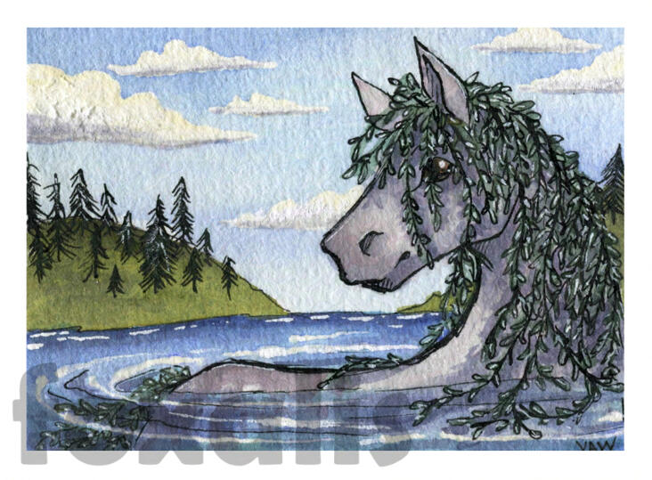 A watercolor painting of kelpie with seaweed hair swimming in a lake surrounded by tree-topped hills.
