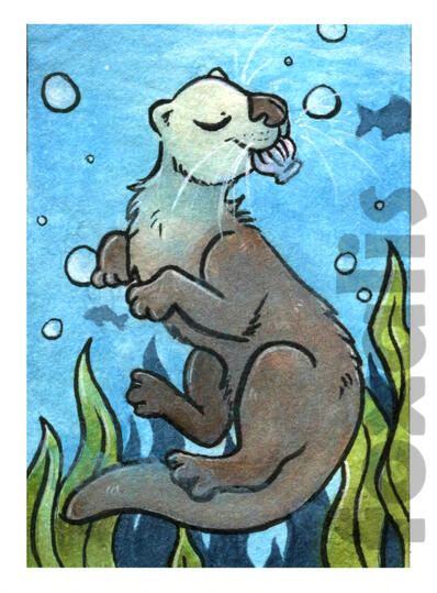 A watercolor painting of a sea otter swimming with a scallop in its mouth. There are bubbles, fish, and kelp around them.