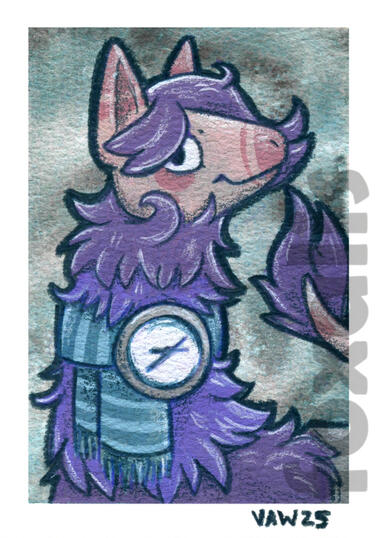 A watercolor and colored pencil drawing of an alpaca-like creature with a blue scarf and a clock pinned to it.