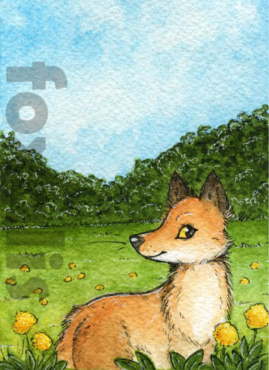 A watercolor painting of a fox standing in a field of grass that is dotted with dandelions.