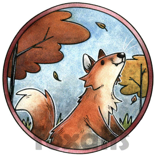 A watercolor painting of a cartoon fox happily watching leaves falling from red and orange leaved trees.