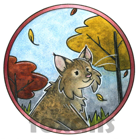 A watercolor painting of a cartoon bobcat smiling in front of leaves falling from red and orange leaved trees.