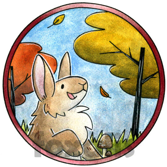 A watercolor painting of a cartoon rabbit happily watching leaves falling from red and orange leaved trees.