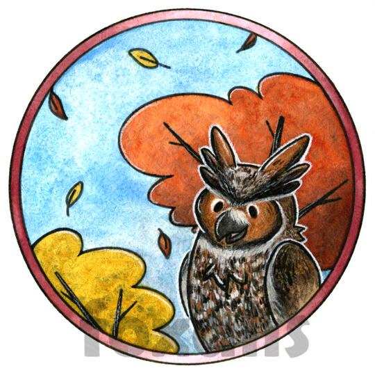 A watercolor painting of a cartoon owl smiling in front of leaves falling from red and orange leaved trees.