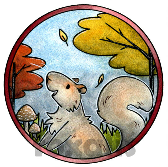 A watercolor painting of a cartoon squirrel happily watching leaves falling from red and orange leaved trees.