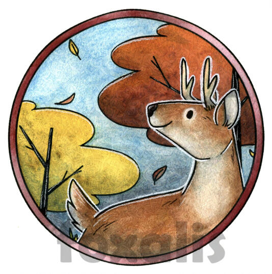 A watercolor painting of a cartoon deer happily watching leaves falling from red and orange leaved trees.