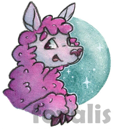 A watercolor painting of a fluffy pink llama smiling.