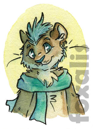 A watercolor painting of a lion with blue hair wearing a blue scarf.