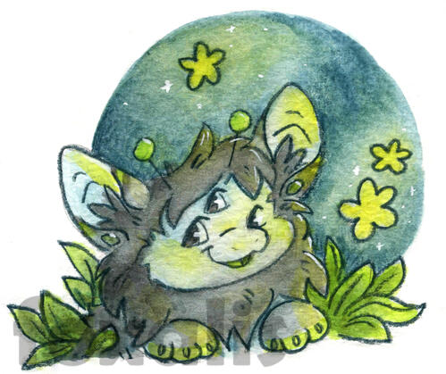 A watercolor painting of a furry alien creature smiling. Around them are leaves and some floating stars that are glowing.