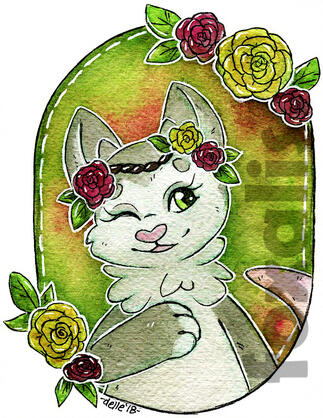 A watercolor painting of a grey and white creature framed by flowers. The background is a mix of colors.