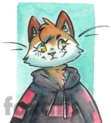 A watercolor painting of a cat wearing a red and black hoodie.