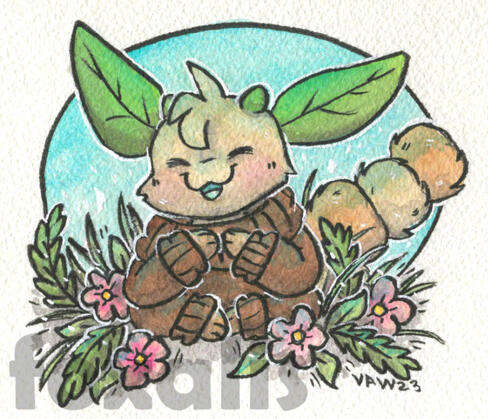 A watercolor painting of a smiling bug creature with large leaf ears and a brown sweater. Around them are blooming flowers and leaves.