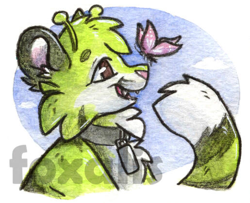 A watercolor painting of a green alien tiger smiling at a butterfly landing on its nose.