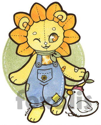 A watercolor painting of a plush sunflower lion smiling. It has a chicken sitting next to it.