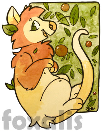 A watercolor painting of an orange opossum over a background of green with leaves and oranges.