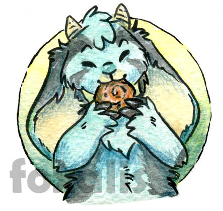 A watercolor painting of a blue and black goat eating a pastry.